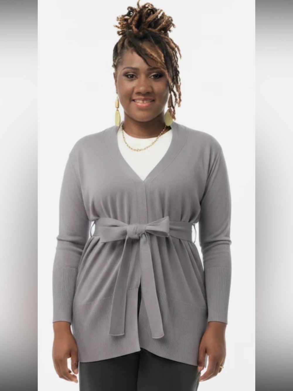 Gray Belted V-Neck Women’s Sweater Cardigan